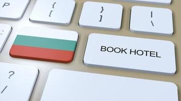 Book hotel in Bulgaria with website online. Button on computer keyboard. Travel concept 3D animation. Book hotel text and national flag. 3D illustration photo