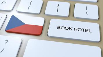 Book hotel in Czech Republic with website online. Button on computer keyboard. Travel concept 3D animation. Book hotel text and national flag. 3D illustration photo