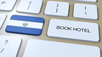 Book hotel in El Salvador with website online. Button on computer keyboard. Travel concept 3D animation. Book hotel text and national flag. 3D illustration photo