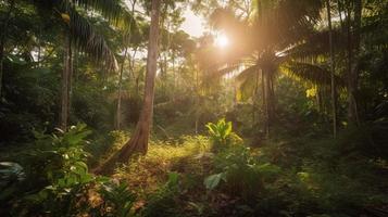 A peaceful forest clearing bathed in warm sunlight, surrounded by tall trees and lush foliage, with a gentle stream trickling through the undergrowth and a distant mountain range visible photo