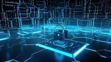 Cyber security concept with closed padlock on hexagons background 3D rendering photo