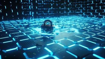 Cyber security concept with closed padlock on hexagons background 3D rendering photo