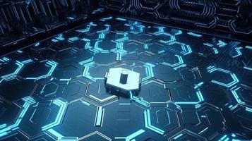 Cyber security concept with closed padlock on hexagons background 3D rendering photo