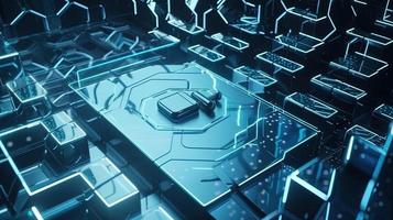 Cyber security concept with closed padlock on hexagons background 3D rendering photo