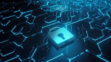 Cyber security concept with closed padlock on hexagons background 3D rendering photo