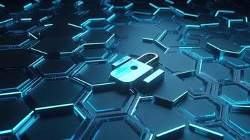 Cyber security concept with closed padlock on hexagons background 3D rendering photo