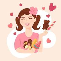 Smiling girl with ice cream. Vector Illustration for Happy national ice cream day on hearts background. No Diet Day , Eat What You Want Day llustration.