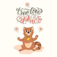 linda dibujos animados gato personaje con corazones. acogedor póster con dulces letras para el respeto tu gato día. contento mascota día celebracion insignia, etiqueta, icono. contento maullar año para gatos día. vector ilustración.