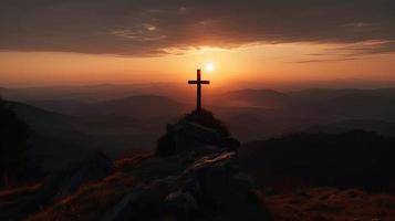 Mountain Majesty Artistic Silhouette of Crucifix Cross Against Sunset Sky photo