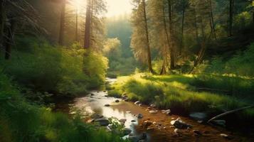 A peaceful forest clearing bathed in warm sunlight, surrounded by tall trees and lush foliage, with a gentle stream trickling through the undergrowth and a distant mountain range visible photo