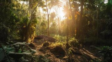 A peaceful forest clearing bathed in warm sunlight, surrounded by tall trees and lush foliage, with a gentle stream trickling through the undergrowth and a distant mountain range visible photo