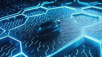 Cyber security concept with closed padlock on hexagons background 3D rendering photo