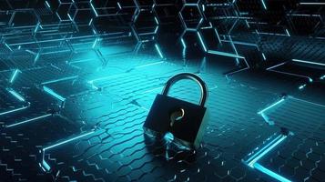 Cyber security concept with closed padlock on hexagons background 3D rendering photo