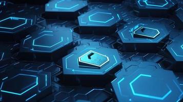Cyber security concept with closed padlock on hexagons background 3D rendering photo