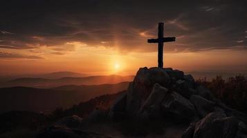 Mountain Majesty Artistic Silhouette of Crucifix Cross Against Sunset Sky photo