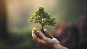 Artistic Hands Embrace Nature's Beauty Holding Tree Over Blurred Background photo