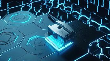 Cyber security concept with closed padlock on hexagons background 3D rendering photo