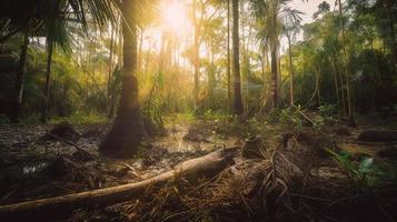 A peaceful forest clearing bathed in warm sunlight, surrounded by tall trees and lush foliage, with a gentle stream trickling through the undergrowth and a distant mountain range visible photo