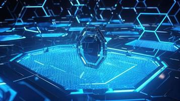 Cyber security concept with closed padlock on hexagons background 3D rendering photo