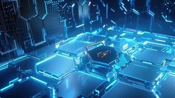 Cyber security concept with closed padlock on hexagons background 3D rendering photo