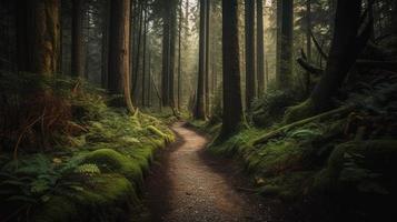 Foggy path through the forest ,Sunset in a dark forest with rays of light passing through the trees photo