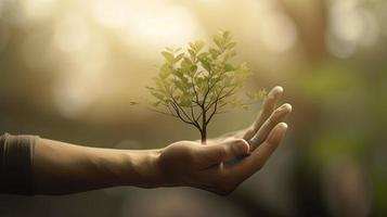 Artistic Hands Embrace Nature's Beauty Holding Tree Over Blurred Background photo