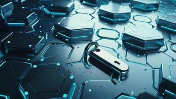Cyber security concept with closed padlock on hexagons background 3D rendering photo