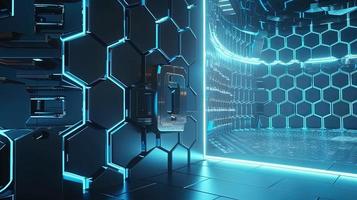 Cyber security concept with closed padlock on hexagons background 3D rendering photo