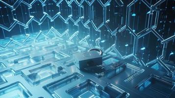 Cyber security concept with closed padlock on hexagons background 3D rendering photo