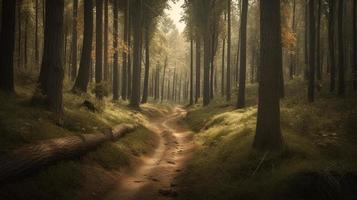 Foggy path through the forest ,Sunset in a dark forest with rays of light passing through the trees photo