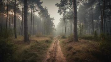Foggy path through the forest ,Sunset in a dark forest with rays of light passing through the trees photo