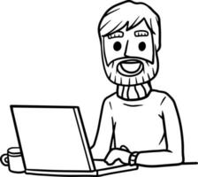 Man sitting at table with laptop. Chat with friends on the Internet. Work as freelancer and programmer. Modern gadget. Smiling happy guy. vector