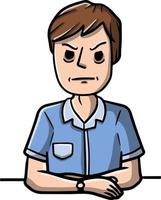 Angry man sit with crossed arms. Negative gesture and discontent. Bad emotions. grumpy guy and Unpleasant look. Hand-drawn sketch cartoon illustration. vector