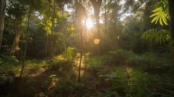 A peaceful forest clearing bathed in warm sunlight, surrounded by tall trees and lush foliage, with a gentle stream trickling through the undergrowth and a distant mountain range visible photo