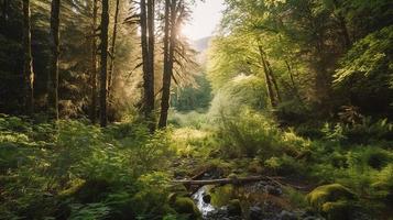 A peaceful forest clearing bathed in warm sunlight, surrounded by tall trees and lush foliage, with a gentle stream trickling through the undergrowth and a distant mountain range visible photo