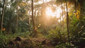 A peaceful forest clearing bathed in warm sunlight, surrounded by tall trees and lush foliage, with a gentle stream trickling through the undergrowth and a distant mountain range visible photo