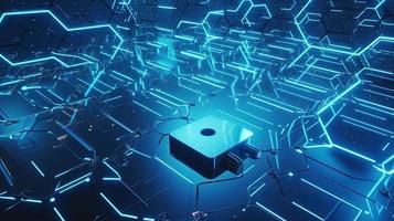 Cyber security concept with closed padlock on hexagons background 3D rendering photo