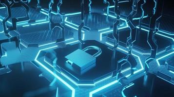 Cyber security concept with closed padlock on hexagons background 3D rendering photo