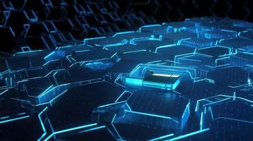 Cyber security concept with closed padlock on hexagons background 3D rendering photo