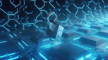 Cyber security concept with closed padlock on hexagons background 3D rendering photo