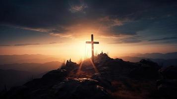 Mountain Majesty Artistic Silhouette of Crucifix Cross Against Sunset Sky photo