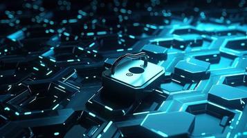 Cyber security concept with closed padlock on hexagons background 3D rendering photo