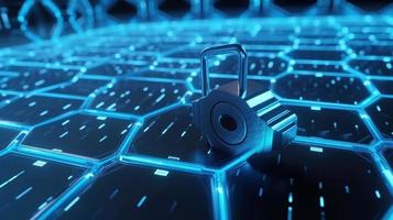 Cyber security concept with closed padlock on hexagons background 3D rendering photo