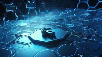 Cyber security concept with closed padlock on hexagons background 3D rendering photo