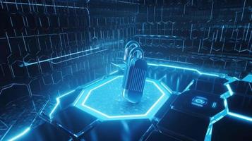 Cyber security concept with closed padlock on hexagons background 3D rendering photo