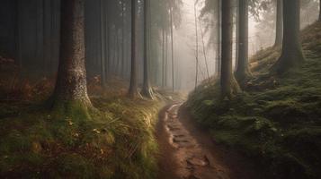 Foggy path through the forest ,Sunset in a dark forest with rays of light passing through the trees photo