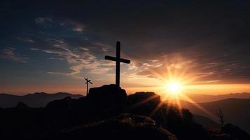 Mountain Majesty Artistic Silhouette of Crucifix Cross Against Sunset Sky photo