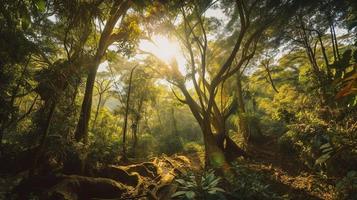 A peaceful forest clearing bathed in warm sunlight, surrounded by tall trees and lush foliage, with a gentle stream trickling through the undergrowth and a distant mountain range visible photo