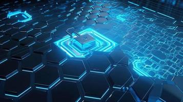 Cyber security concept with closed padlock on hexagons background 3D rendering photo