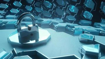 Cyber security concept with closed padlock on hexagons background 3D rendering photo